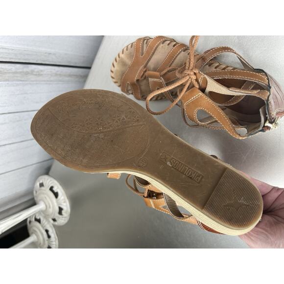 Pikolinos Sandals Tan Leather Womens Size 40 US 9.5-10 Lace Up Gladiator - Picture 4 of 5